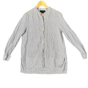 Tahari Top Women Shirt S Blue Striped Linen Blend Button Up Beach Coastal